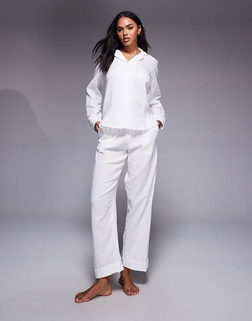 Boux Avenue Dobby Cotton Top And Trousers Pyjama Set In White