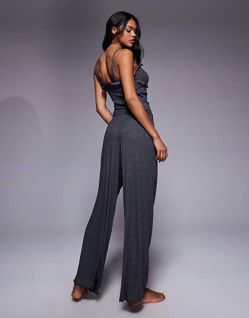 Boux Avenue Frill Ribbed Cami Top And Trousers Pyjama Set In Charcoal