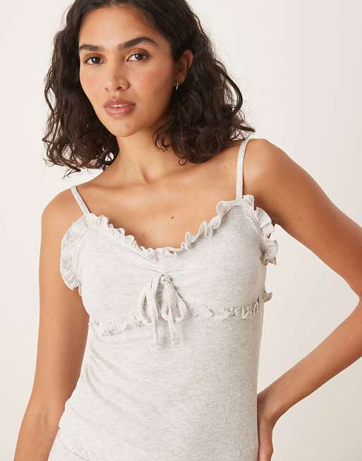 Boux Avenue Frill Ribbed Cami Top And Trousers Pyjama Set In Grey Marl Mix
