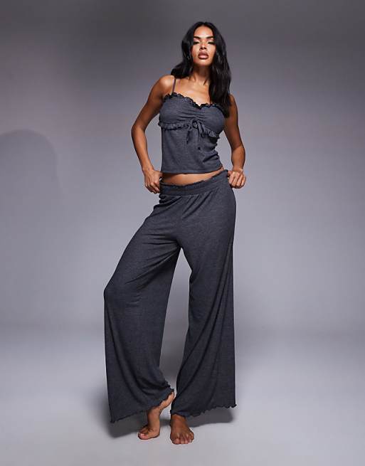 Boux Avenue Frill ribbed cami top and trousers pyjama set in charcoal