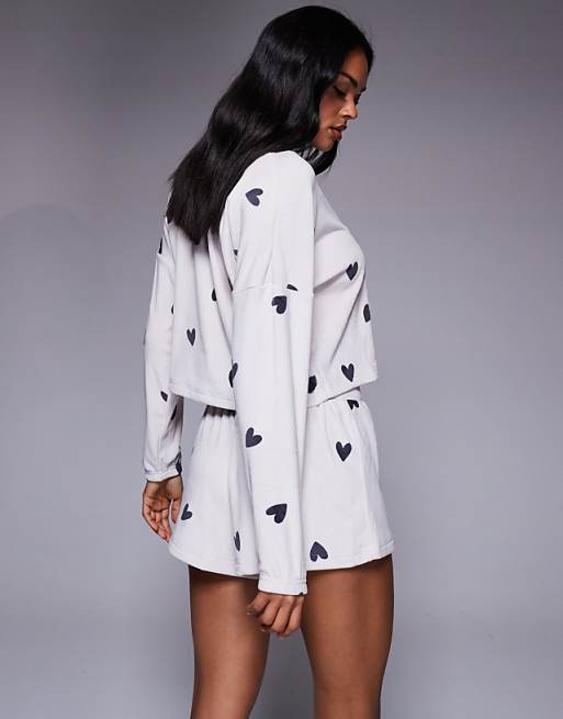 Boux Avenue Heart Velour Top And Shorts Pyjama Set In Stone