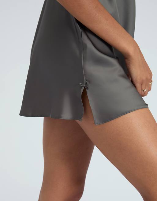Boux Avenue Kaya Satin Chemise With Lace And Bow Detail Pyjama In Khaki