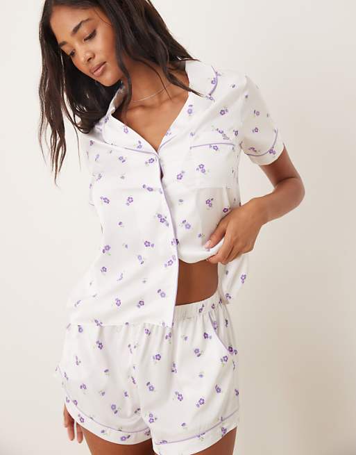 Boux Avenue Luxe Satin Floral Shirt And Shorts Pyjama Set In White Mix