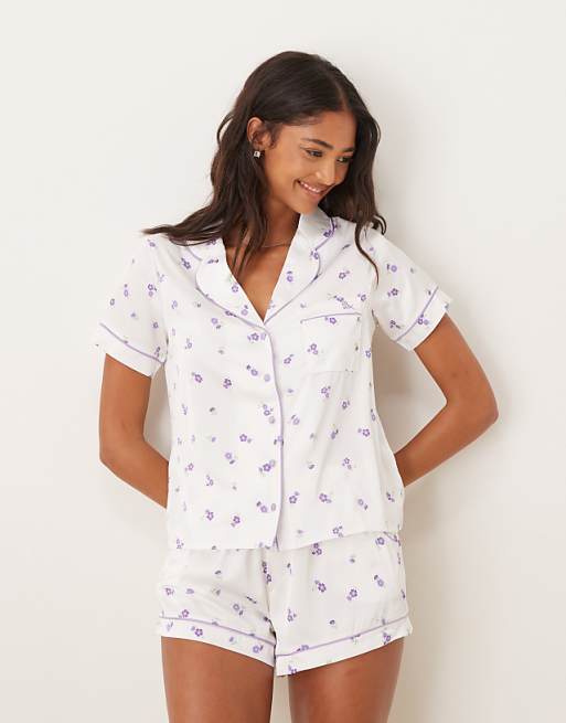Boux Avenue Luxe Satin Floral Shirt And Shorts Pyjama Set In White Mix