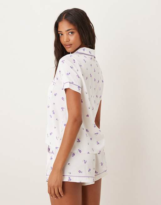 Boux Avenue Luxe Satin Floral Shirt And Shorts Pyjama Set In White Mix
