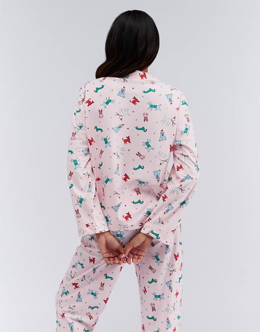 Boux Avenue Multicoloured Dog Long Sleeve Pyjama Set With Matching Bag In Powder Pink