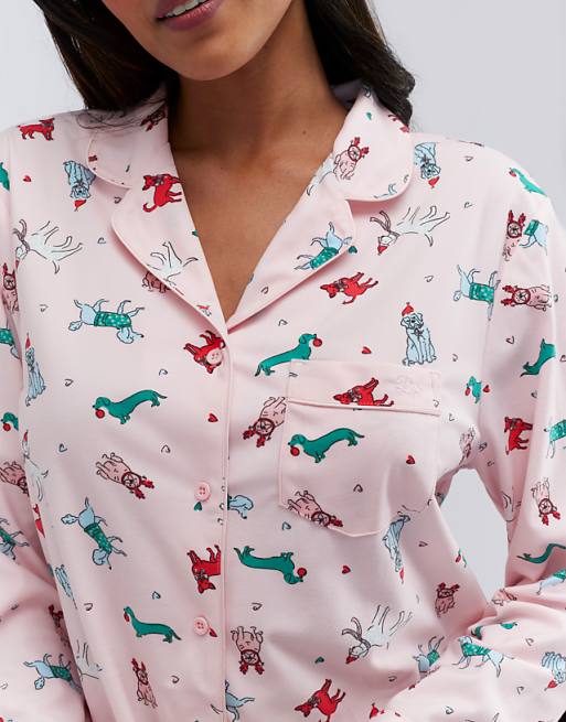 Boux Avenue Multicoloured Dog Long Sleeve Pyjama Set With Matching Bag In Powder Pink