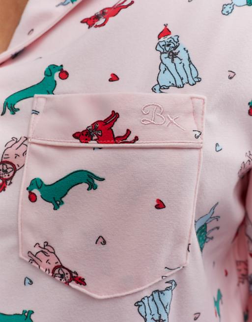 Boux Avenue Multicoloured Dog Long Sleeve Pyjama Set With Matching Bag In Powder Pink