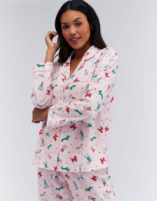 Boux Avenue Multicoloured dog long sleeve pyjama set with matching bag in powder pink