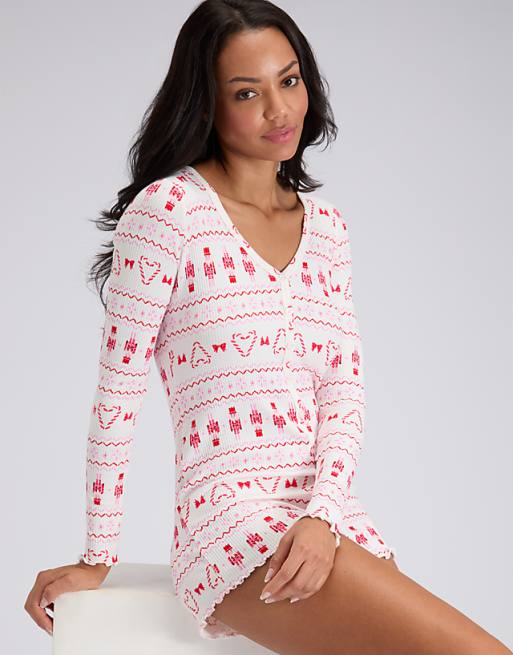 Boux Avenue Nutcracker Ribbed Playsuit Festive Holidays Nightwear In Ivory Mix