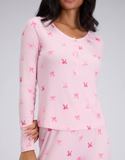 Boux Avenue Ribbed Bow Henley Top And Leggings Pyjama Set In Pink Mix
