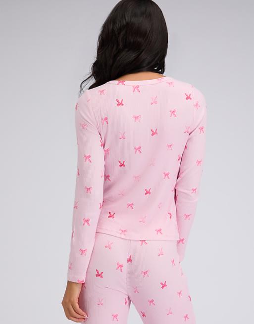 Boux Avenue Ribbed Bow Henley Top And Leggings Pyjama Set In Pink Mix