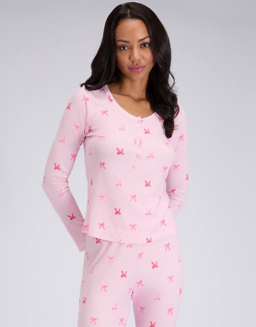 Boux Avenue Ribbed Bow Henley Top And Leggings Pyjama Set In Pink Mix