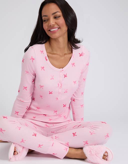 Boux Avenue Ribbed bow henley top and leggings pyjama set in pink mix