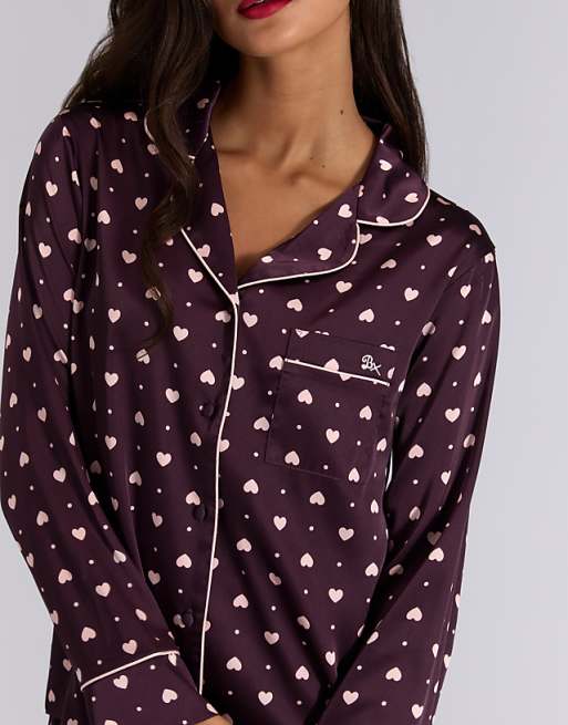 Boux Avenue Satin Heart Long Sleeve Top And Pant Pyjama Set In Blackberry
