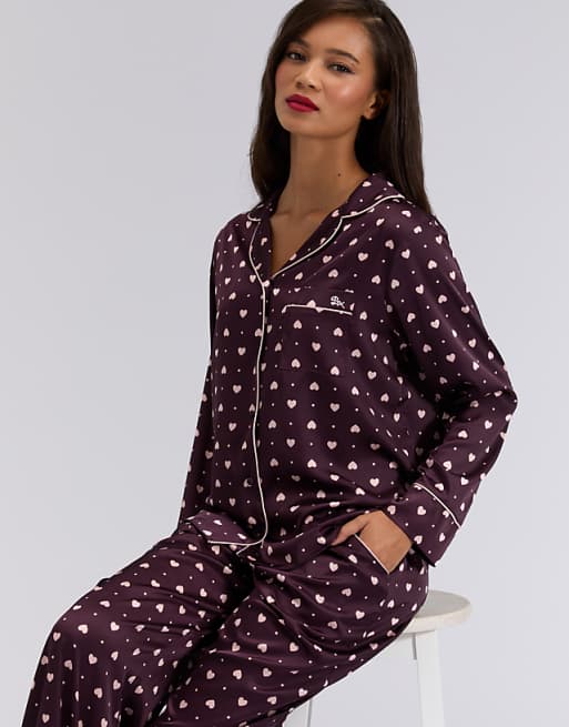 Boux Avenue Satin Heart Long Sleeve Top And Pant Pyjama Set In Blackberry