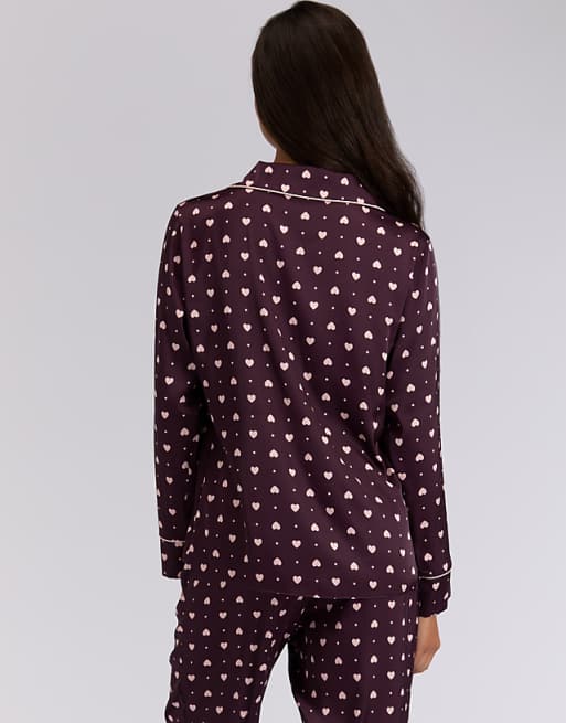 Boux Avenue Satin Heart Long Sleeve Top And Pant Pyjama Set In Blackberry