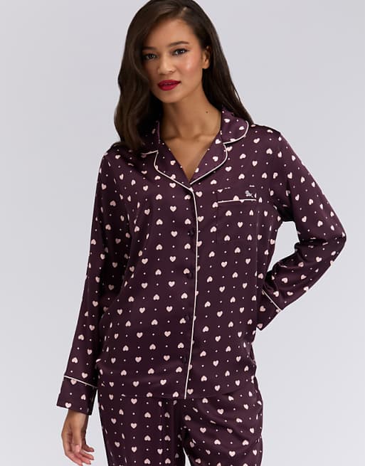 Boux Avenue Satin heart long sleeve top and pant pyjama set in blackberry