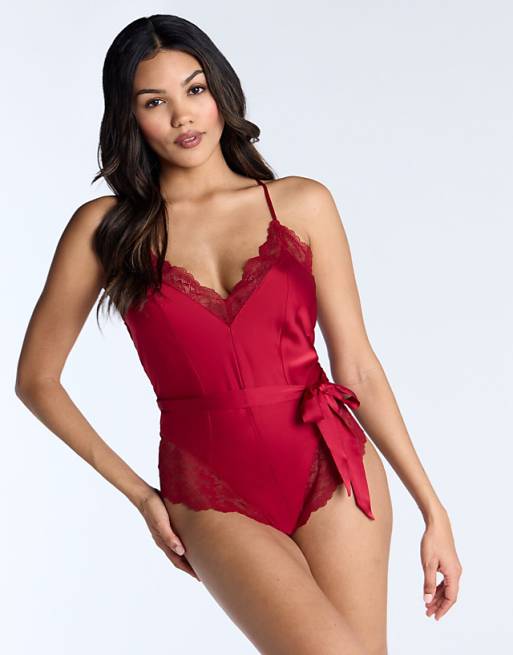 Boux Avenue Valentina satin and lace teddy nightwear body in dark red