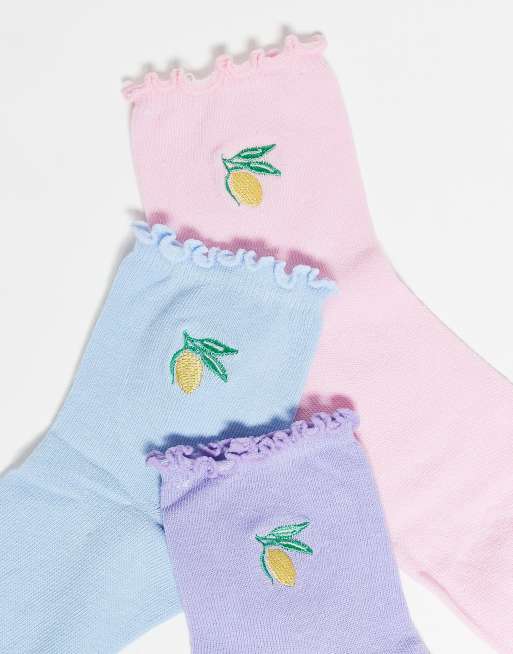 Brave Soul 2 Pack Ankle Socks With Lemon Embroidery In Blue Pink And Purple