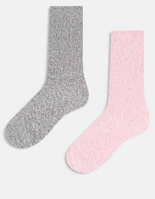 Brave Soul 2 pack fluffy socks in pink and grey
