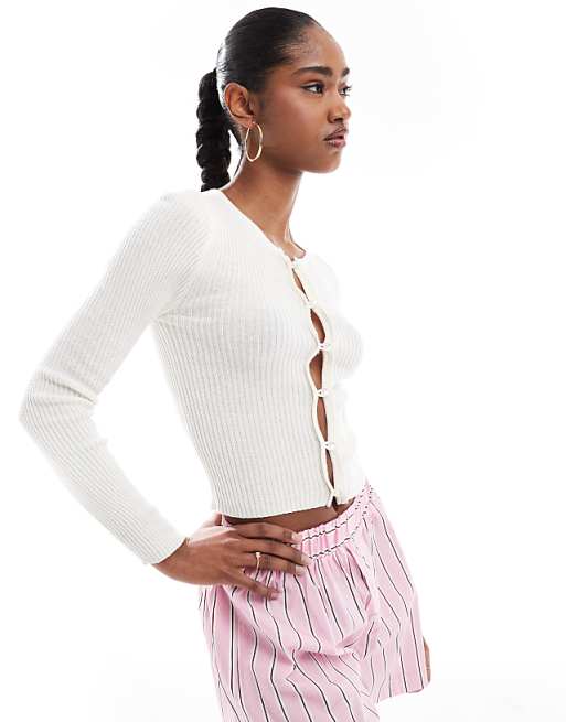 Brave Soul ribbed knitted button down cardigan in cream