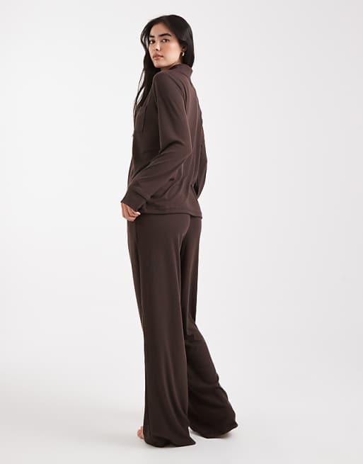 Brave Soul Super Soft Button Down Shirt And Trouser Pyjamas In Chocolate Brown