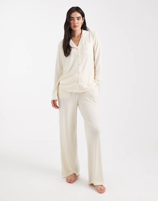 Brave Soul super soft button down shirt and trouser pyjamas in cream
