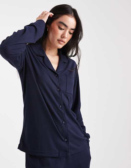 Brave Soul Super Soft Button Down Shirt And Trouser Pyjamas In Navy