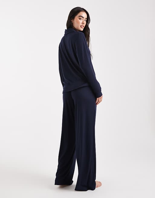 Brave Soul Super Soft Button Down Shirt And Trouser Pyjamas In Navy