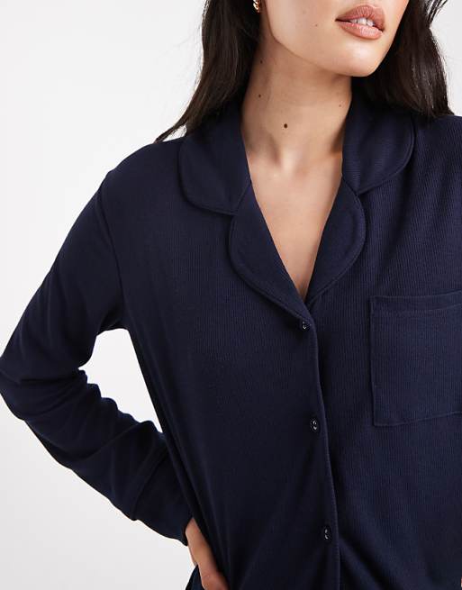 Brave Soul Super Soft Button Down Shirt And Trouser Pyjamas In Navy