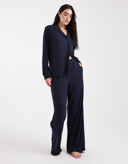 Brave Soul super soft button down shirt and trouser pyjamas in navy