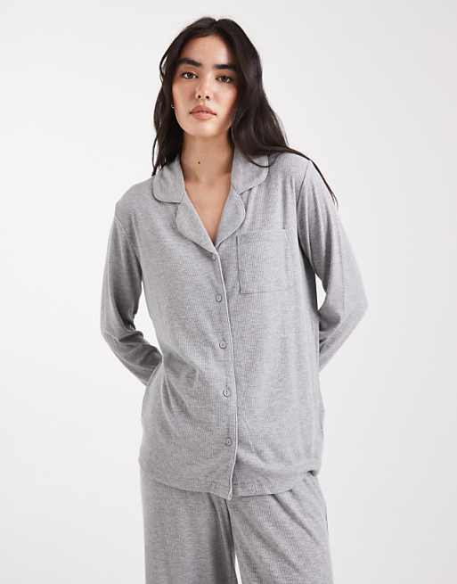 Brave Soul Super Soft Button Down Shirt And Trouser Pyjamas In Light Grey
