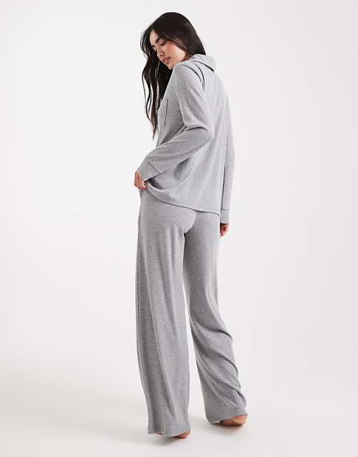 Brave Soul Super Soft Button Down Shirt And Trouser Pyjamas In Light Grey