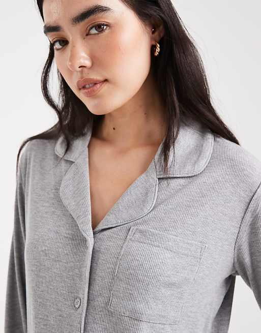Brave Soul Super Soft Button Down Shirt And Trouser Pyjamas In Light Grey