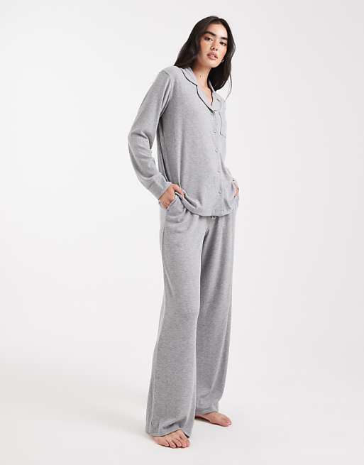 Brave Soul super soft button down shirt and trouser pyjamas in light grey