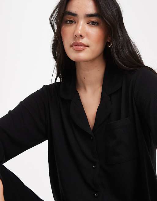 Brave Soul Super Soft Button Down Shirt And Trouser Pyjamas In Black