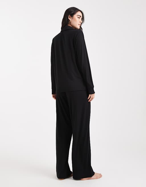 Brave Soul Super Soft Button Down Shirt And Trouser Pyjamas In Black