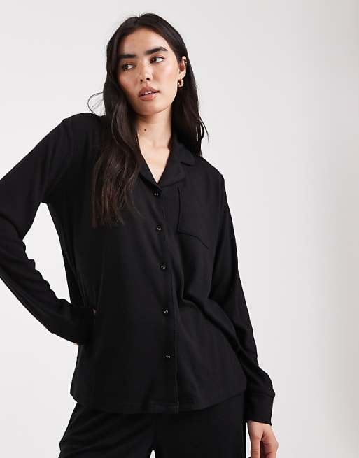 Brave Soul Super Soft Button Down Shirt And Trouser Pyjamas In Black