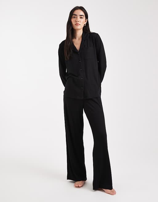Brave Soul super soft button down shirt and trouser pyjamas in black