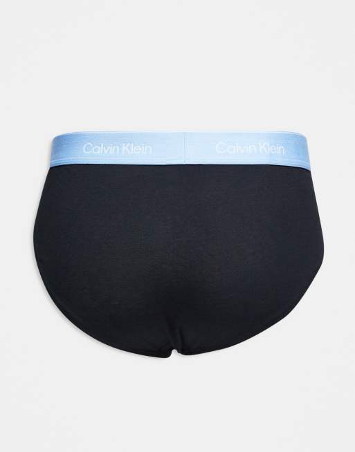 Calvin Klein Icon Cotton Stretch 3 Pack Hip Briefs In Black With Red/blue/cream Waistbands