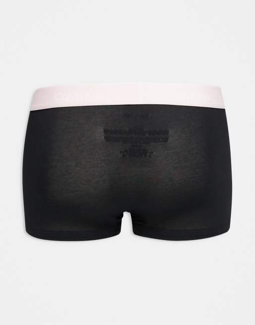 Calvin Klein Icon Cotton Stretch 3 Pack Low Rise Trunks In Black With Red/blue/cream Waistbands