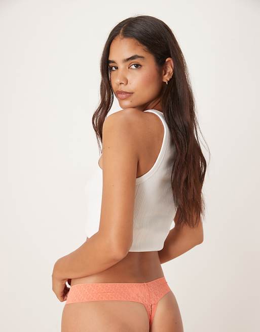 Calvin Klein Logo Lace Thong In Coral Orange