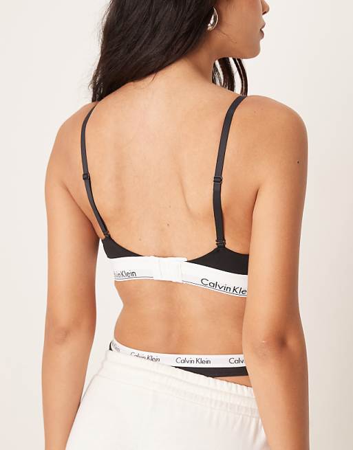 Calvin Klein Modern Cotton Lightly Lined Triangle Logo Tape Bralette In Black