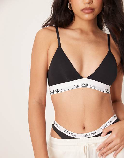 Calvin Klein Modern Cotton Lightly Lined Triangle Logo Tape Bralette In Black