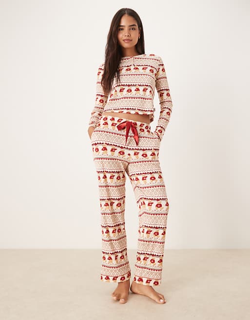 Chelsea Peers Christmas Teddy Fairisle Henley And Trouser Pyjama Set In Multi
