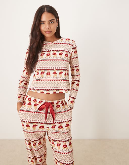 Chelsea Peers Christmas teddy fairisle henley and trouser pyjama set in multi
