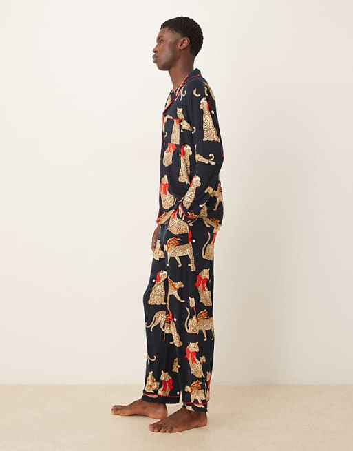 Chelsea Peers His & Hers Poly Long Sleeve Revere Pyjama Set In Christmas Leopard Print