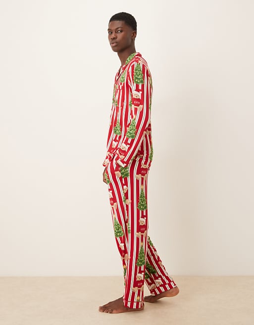 Chelsea Peers His & Hers Poly Long Sleeve Revere Pyjama Set In Christmas Teddy Stripe Print