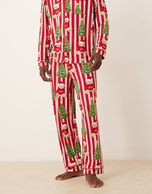 Chelsea Peers His & Hers Poly Long Sleeve Revere Pyjama Set In Christmas Teddy Stripe Print